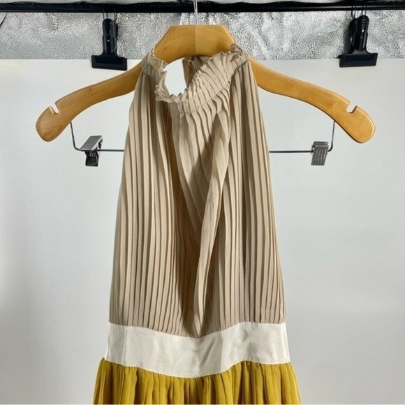 LUCY PARIS NWT Pleated Halter Goldie Maxi Dress Backless Gold Yellow Beige Small - Picture 6 of 16